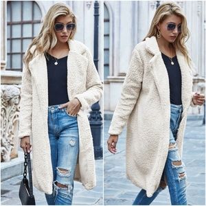NWT cream fur long teddy jacket coat fall trench pea coat